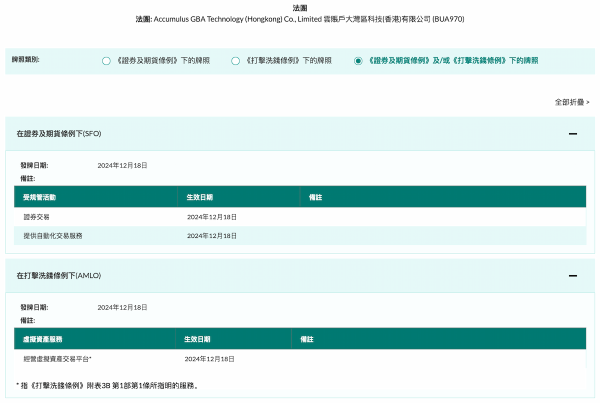 Accumulus交易平台获香港证监会发出的第1类、第7类及经营虚拟资产交易平台牌照